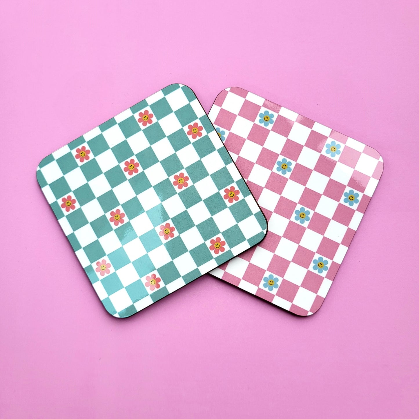 PINK AND GREEN CHECKED FLOWER COASTERS - SET OF 2