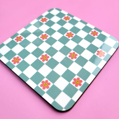 PINK AND GREEN CHECKED FLOWER COASTERS - SET OF 2