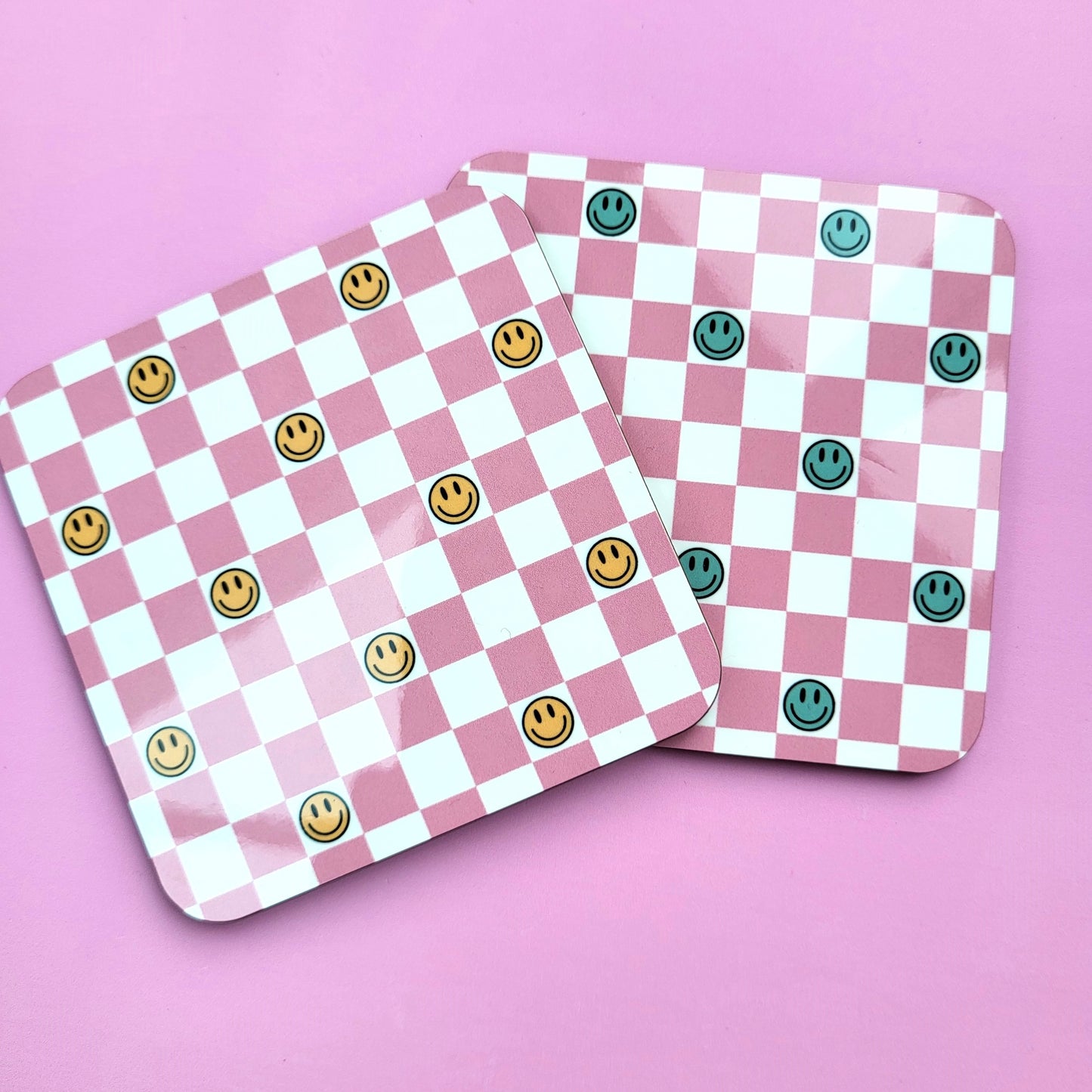 PINK CHECKED SMILEY FACE COASTERS - SET OF 2