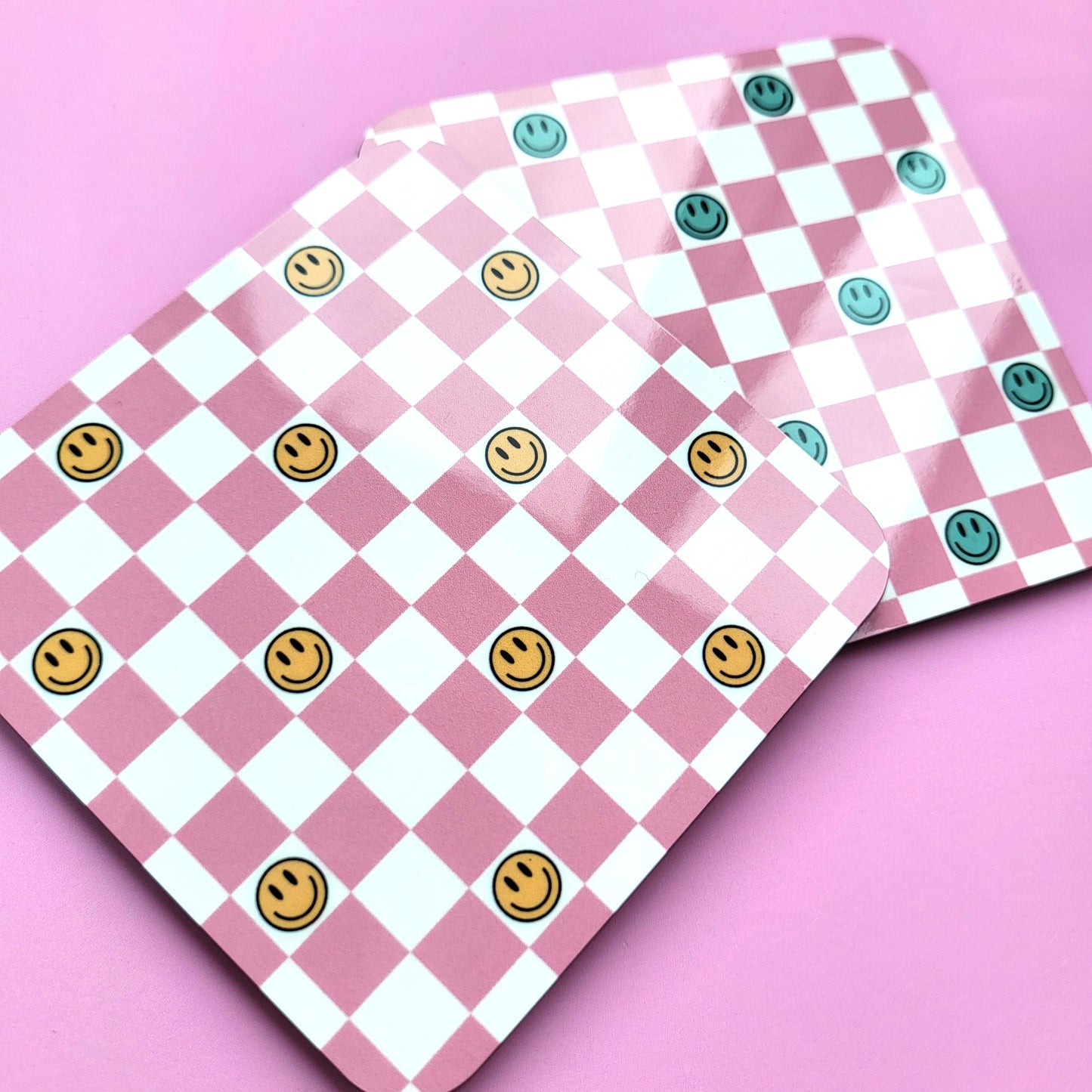 PINK CHECKED SMILEY FACE COASTERS - SET OF 2