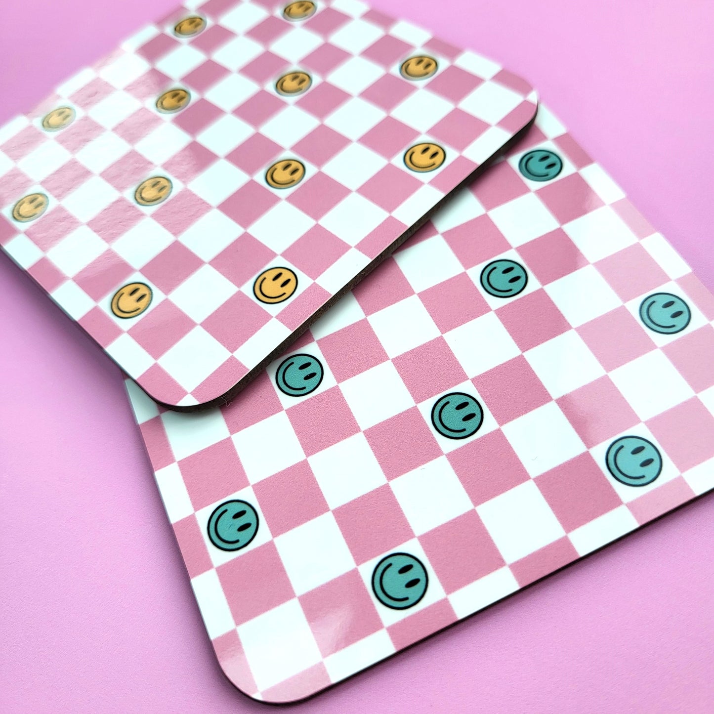 PINK CHECKED SMILEY FACE COASTERS - SET OF 2