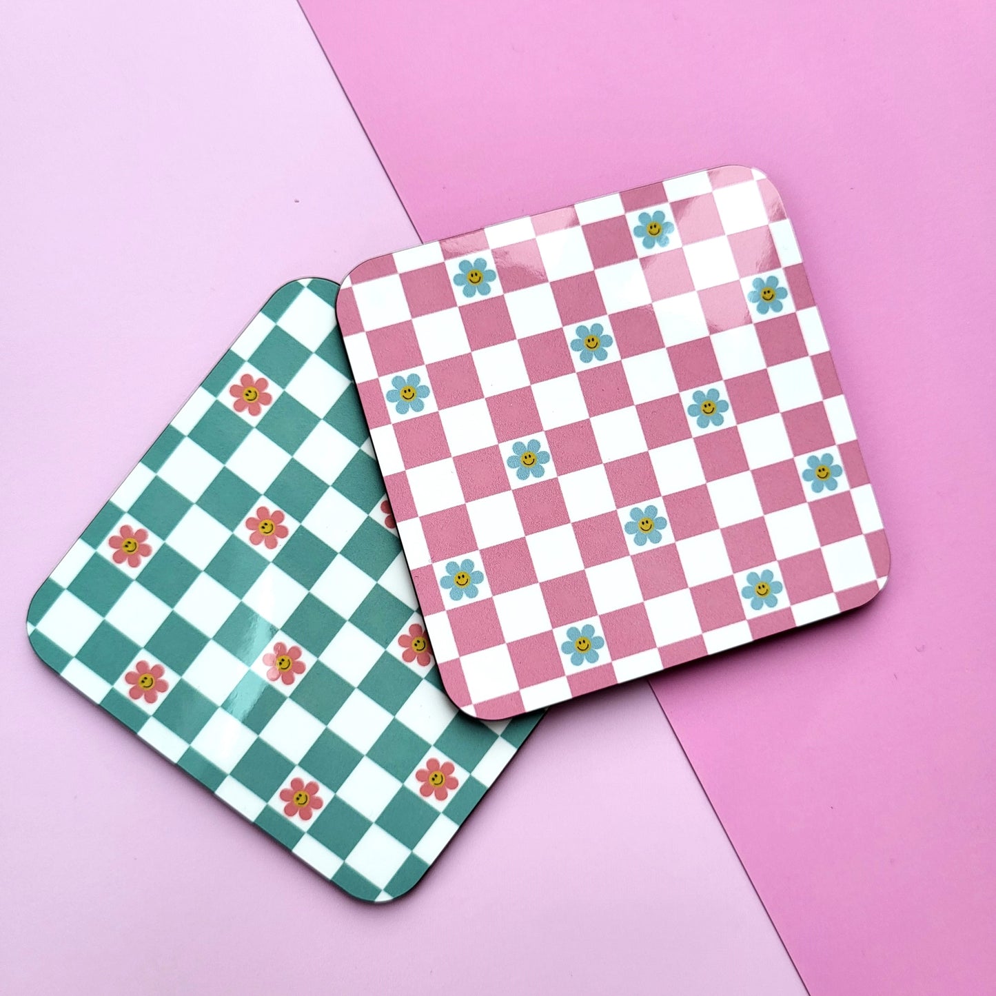 PINK AND GREEN CHECKED FLOWER COASTERS - SET OF 2